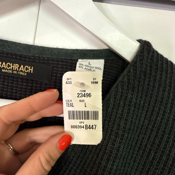 Bacharach NWT made in Italy merino wool green vneck sweater  L - Picture 6 of 9